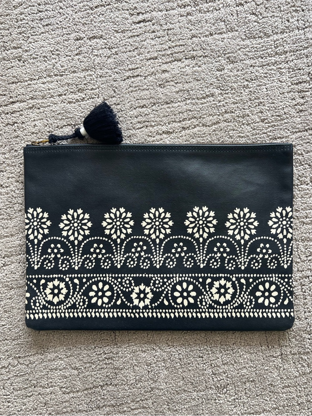 Madewell Navy Clutch with Cream Floral Design and Tassel